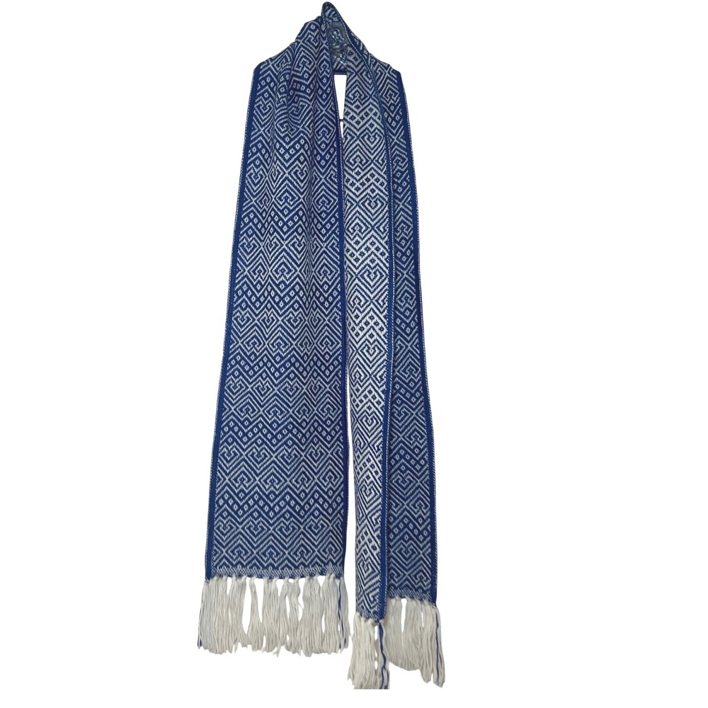 Woven Geometric Diamond Pattern Scarf Blue White Fringe Alpaca